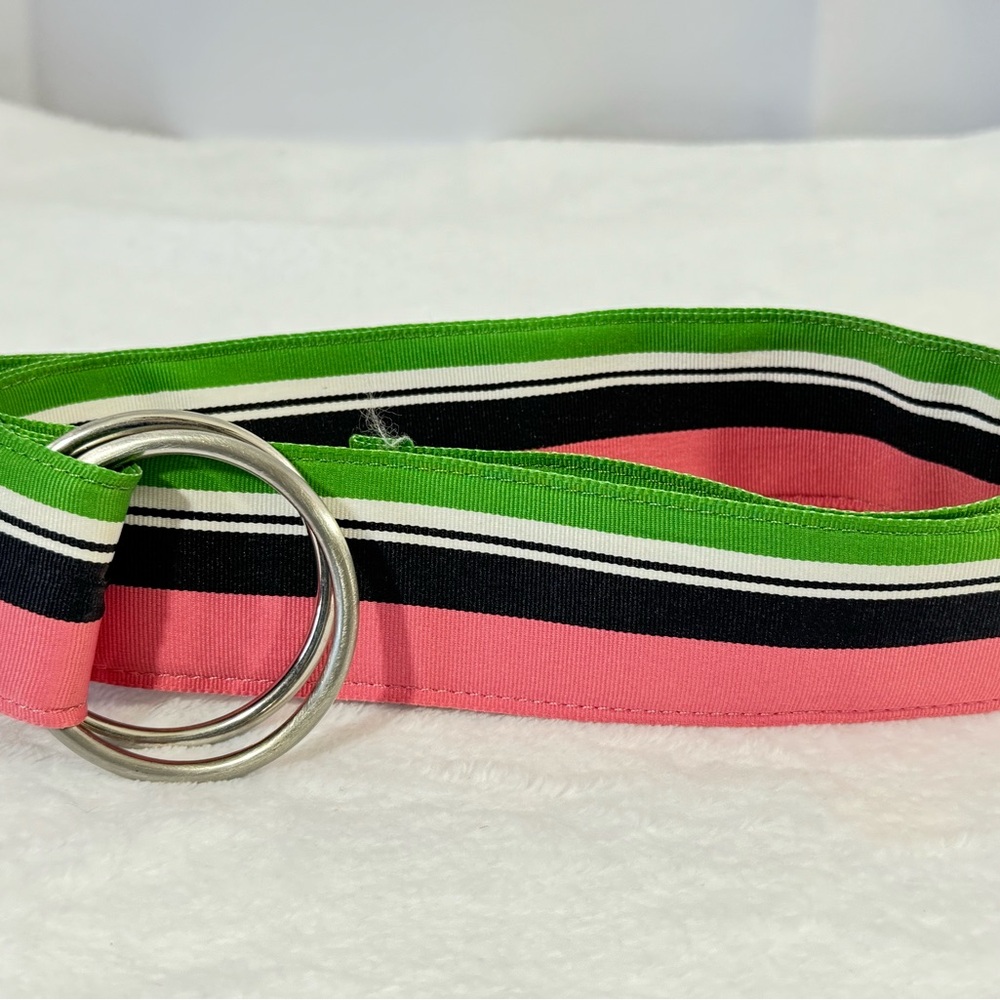 J. Crew Vibrant Preppy Pink Green Blue and White Striped Belt with Silver Rings - Picture 11 of 13